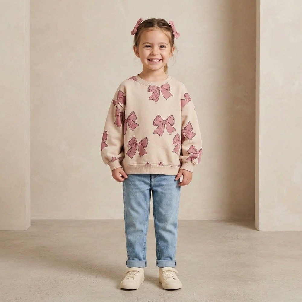 Zara Sweatshirt Kids Size 6 Cream Pink Bow Print Good Condition Coquette Style